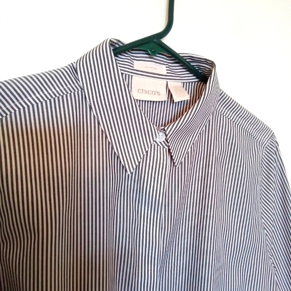 Chico's Striped Cotton Button Up Shirt with Sleeve Detail - Picture 4 of 8